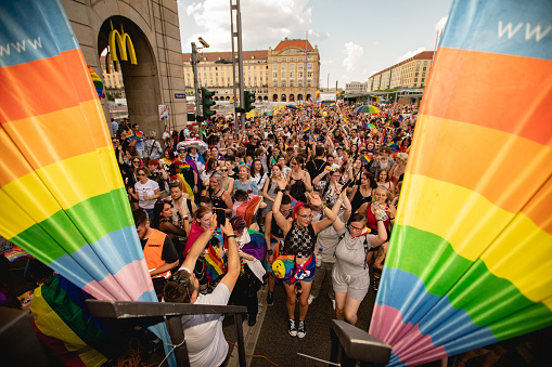 Dresden, Saxony, Germany, Europe - June 10, 2023: LGBTQIA+ pride in Dresden, Christopher street day in Germany, gay parade at the street. Happy people with rainbow flags and LGBT symbols. Big crowd, demonstration against sex discrimination
