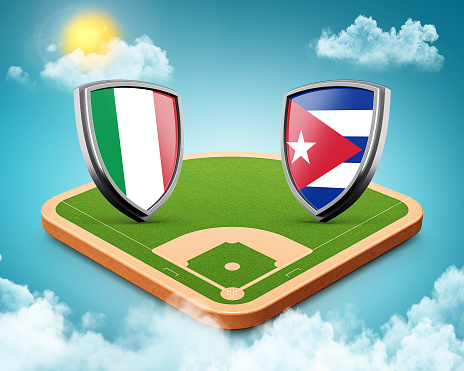 Italy vs Cuba Versus screen field stadium, Baseball stadium Sky clouds sun 3d illustration