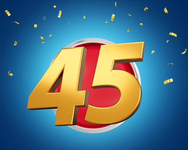 istock Gold Number 45 Gold Number Forty Five On Rounded Red Icon with Particles, 3d illustration 1497636949