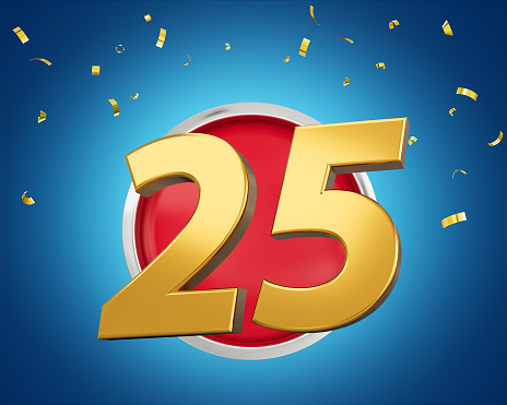 Gold Number 25 Gold Number Twenty Five On Rounded Red Icon with Particles, 3d illustration