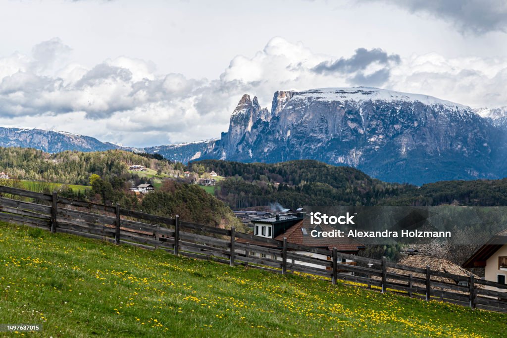 vajolet mountains View of the peaks of the Vajolet from Oberbozen in summer Agriculture Stock Photo
