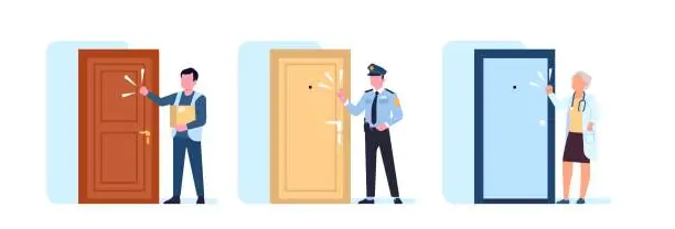Vector illustration of People knocking on door. Policeman and doctor standing in front of house entrance. Courier delivering order. Guests rings doorbell. Police officer and physician visit. Vector visitors set