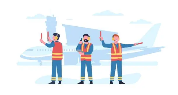 Vector illustration of Air marshals in uniform with walkie-talkies. Employees in signal vests at aircraft runway. Airplane landing. Airport crew. Regulators poses. Standing men with sticks. Vector concept