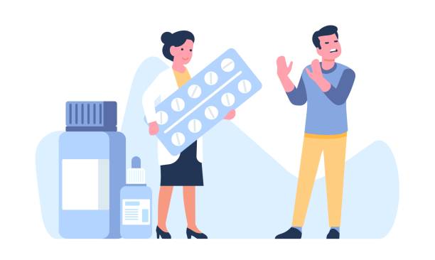 Man refuses to continue pharmaceutical treatment and take pills from doctor. Medication rejection. Medical blister or bottles. Physician and patient misunderstanding. Vector concept Man refuses to continue pharmaceutical treatment and take pills from doctor. Medication rejection. Prescription drug. Medical blister or bottles. Physician and patient misunderstanding. Vector concept giving medication stock illustrations