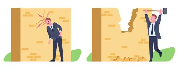 Vector illustration of Businessman beats his head against brick wall. Joyful man smashes through masonry with hammer. Guy overcoming obstacles. Fail or success. Person breaking obstruction. Vector concept