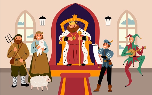 King in throne room. Royal reception of visitors. Peasants with pitchforks and sheep in palace hall. Court jester dance. Ancient farmers family and herald. Fairytale kingdom. Garish vector concept