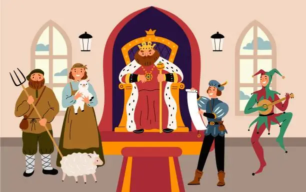 Vector illustration of King in throne room. Royal reception of visitors. Peasants with pitchforks and sheep in palace. Court jester dance. Farmers family and herald. Fairytale kingdom. Garish vector concept