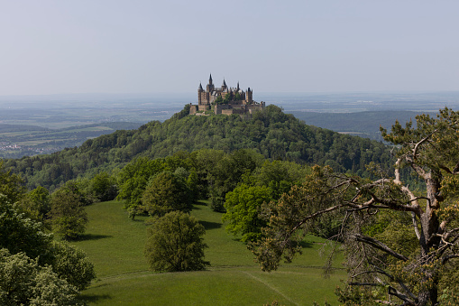 hechingen, germany - may 28, 2023: beautiful view at hohenzollern castle in baden-württemberg, south germany.