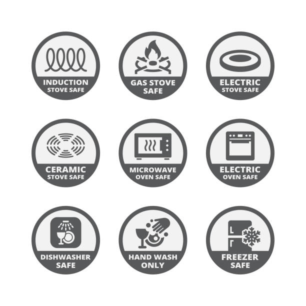 Electric, gas and induction stove safe label set Dishwasher, microwave, electric safe labels for pots, pans and dishes electric stove burner stock illustrations