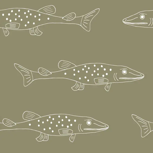 Vector illustration of fish seamless pattern hand drawn in doodle style.