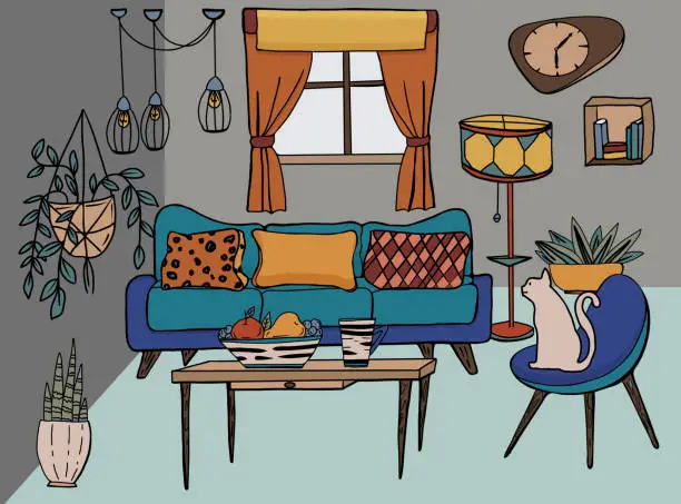 Vector illustration of Vector interior of living room, hand drawn cartoon illustration. Doodles furnitures in mid century style.