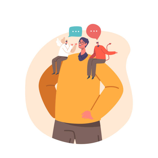 Internal Struggle Concept With A Man Stands With An Angel And Demon On His Shoulders, Torn Between Good And Evil Internal Struggle Concept with A Man Stands With An Angel And Demon On His Shoulders, Torn Between Good And Evil, Male Character Making A Pivotal Choice. Cartoon People Vector Illustration good vs evil stock illustrations