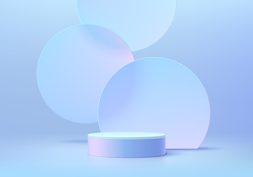 3D background realistic white and blue cylinder pedestal podium with floating circles glass scene. Wall minimal mockup product display. Abstract geometric platforms. Stage showcase. Vector rendering.