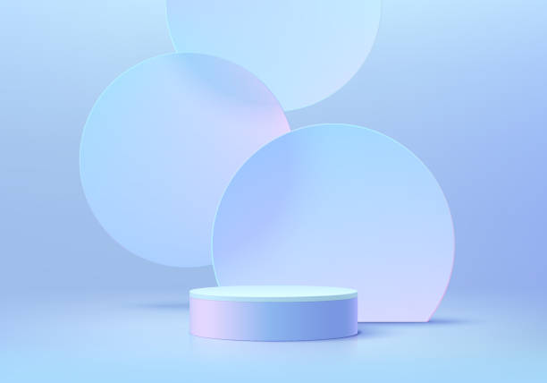 3D background realistic white and blue cylinder pedestal podium with floating circles glass scene. Wall minimal mockup product display. Abstract geometric platforms. Stage showcase. Vector rendering. 3D background realistic white and blue cylinder pedestal podium with floating circles glass scene. Wall minimal mockup product display. Abstract geometric platforms. Stage showcase. Vector rendering. glass showroom stock illustrations