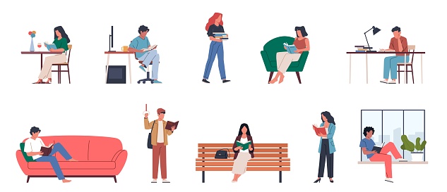 People read books. Readers characters, persons on sofas, benches and chairs, leafing through volumes, happy book lovers relaxation in living room. Cartoon flat style isolated nowaday vector set