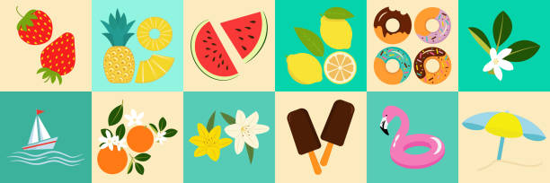 Summer and beach item, fruit or ice cream set with cute illustrations vector icon Summer and beach item, fruit or ice cream set with cute illustrations vector icon. pineapple beach stock illustrations