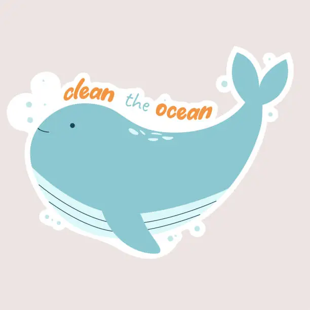 Vector illustration of Clean the ocean sticker. Ecology and protection of endangered species concept. Hands hold the earth. Eco friendly, save the Earth concept.