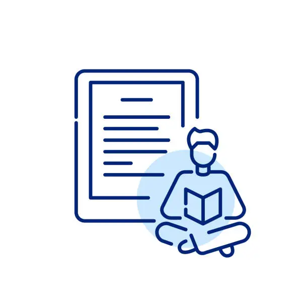 Vector illustration of Reading e-books from a reader device. Electronic library access from any place. Man sitting comfortably, legs crossed