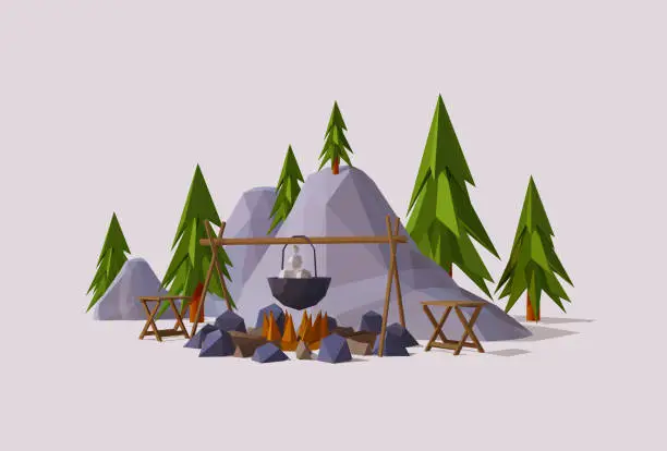 Vector illustration of Camping with cauldron and chairs, Low Poly Vector