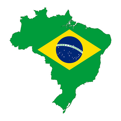 Brazil map silhouette with flag isolated on white background. Simple flat icon illustration for web