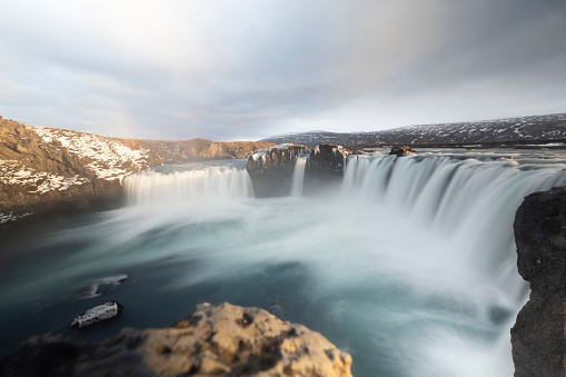 Beautiful aerial view of the massive Godafoss waterfall in Iceland, waterfall of the gods
