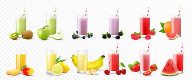 Set of fresh delicious smoothies in tall glass decorated with fruits and berries isolated on transparent background. Berry detox diet sweet concept. Realistic 3d vector Set of milk shakes with cream in tall glass decorated with fruits of various flavors on white table and white isolated background. Front view. glass of milk transparent background stock illustrations