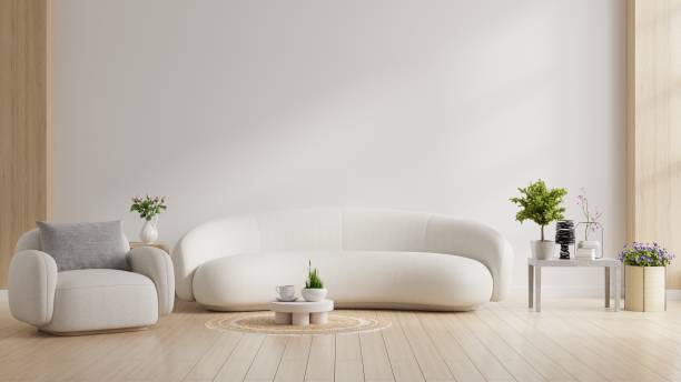 istock Modern minimal interior elegant armchair and sofa on white wall background. 1497655425