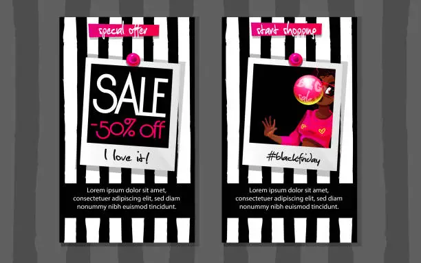Vector illustration of Seasonal sales concept in cartoon style. Black Friday. Young beautiful african american woman with chewing gum and discounts in instant print photos on abstract striped black and white background. Creative brochure with place for text.