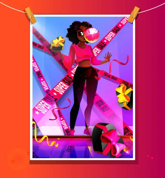 Vector illustration of Seasonal sales concept in cartoon style. Black Friday. Young beautiful African American woman with bubble gum and gifts with confetti on the background of a shop window. Bright creative festive poster on clothespins.