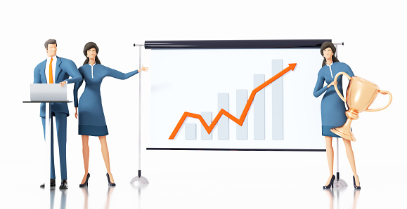 Successful business people stay next to white screen which showing graphs and charts, making presentation, sharing information. 3D rendering illustration
