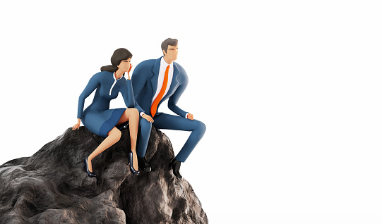 Businessman and business woman sitting on top of mountain pick and thinking. 3D rendering illustration
