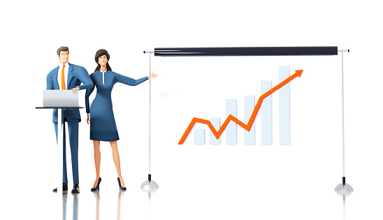 Successful business people stay next to white screen which showing graphs and charts, making presentation, sharing information. 3D rendering illustration