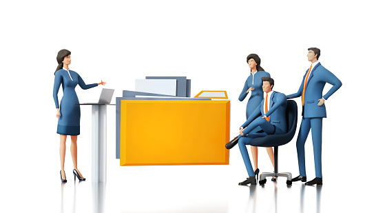 Group of business people collaborating on a project, talking and sharing ideas. People stay next to file folder. 3D rendering illustration