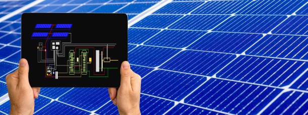 istock Solar scheme of solar farm on screen of digital device, engineering and remote control of solar stations 1497658279