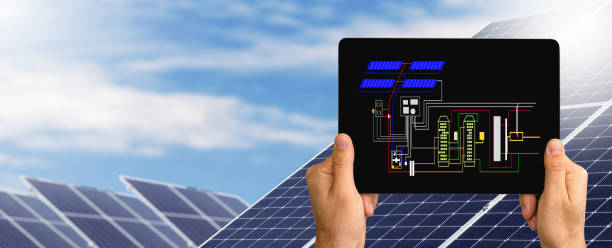 istock Renewable solar energy farm, big solar panels in a row against blue sky. 1497658799