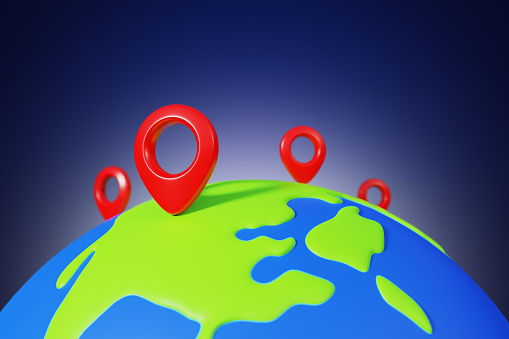 3D World map with locator pointers, 3D render illustration