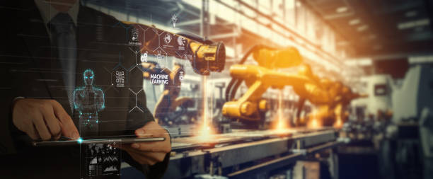 istock Manager Technical Industrial Engineer working and control robotics with monitoring system software and icon industry network connection on tablet. AI, Artificial Intelligence, Automation robot arm 1497659674