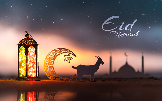 Eid Mubarak creative new poster design, crescent moon shape an goat with traditional lantern lamp, Eid Al Adha background 2023