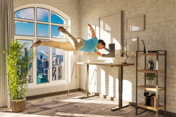 istock businessman floating in air gets sucked into pc display; surreal stress immersion and virtual reality concept; bright urban office with large window; 3D Illustration 1497660812