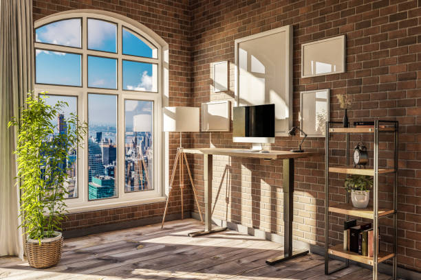 istock modern standing desk pc workplace in daylight downtown skyline office; home decoration desing and home office concept; 3D Illustration 1497660886