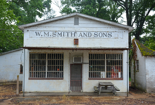 Birdeye, Arkansas, 2023: The W. M. Smith and Sons Store in Birdeye was established in the early 1900s as part of the enterprises of William Maurice (W. M.) Smith.  The building is one of a collection of vacant buildings.