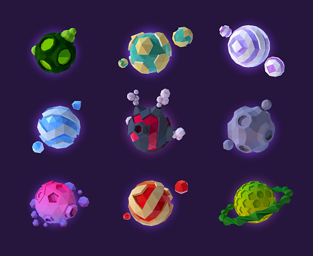 Low poly Abstract planets. Vector illustration set.