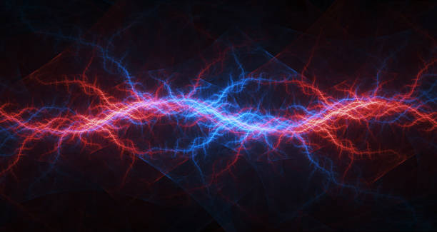 istock Red and blue fractal lightning background, electrical abstract 1497664674