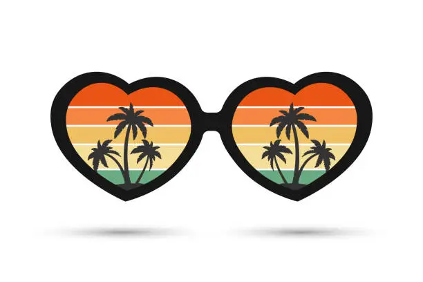 Vector illustration of Sunglasses with reflection Seascape with palm trees. Summer illustration, icon