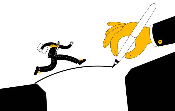 Vector illustration of Businessman in business suit running on the bridge over the cliff. Hand draws a crossing.