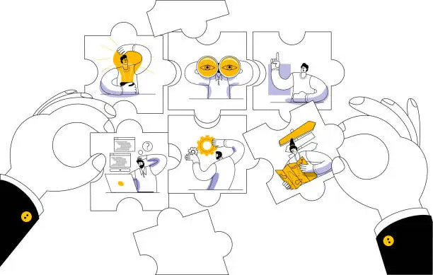 Vector illustration of Big hands assemble puzzles with characters. Different employees go about their business in the puzzle pieces.