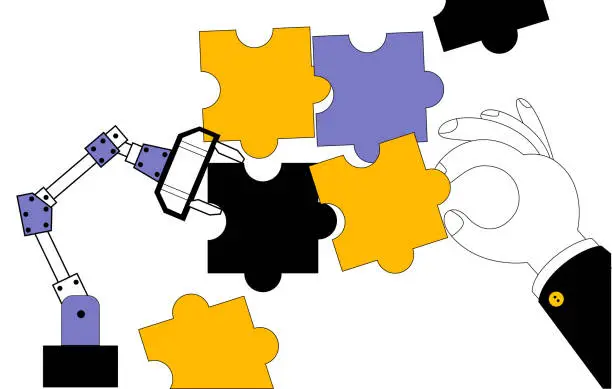 Vector illustration of A human hand and a robot hand assemble puzzles together. Artificial intelligence and humans working together.