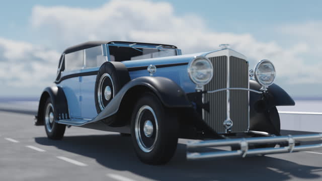3d visualization of a retro car driving on the road