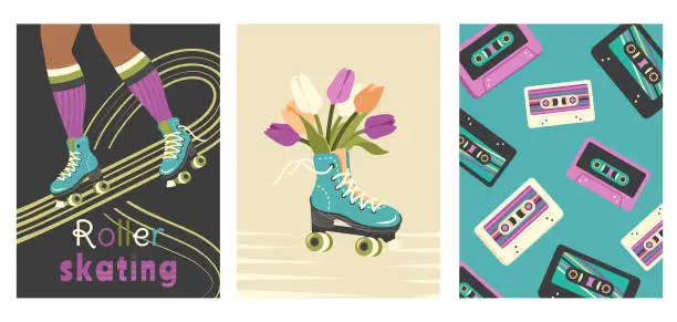 Vector illustration of Trendy retro poster in 90s, 80s, 70s style. Young Woman rollerblading. Roller skates, flower, cassettes. Vintage old school hand drawn design. Vector flat illustration for print, web, holiday, party