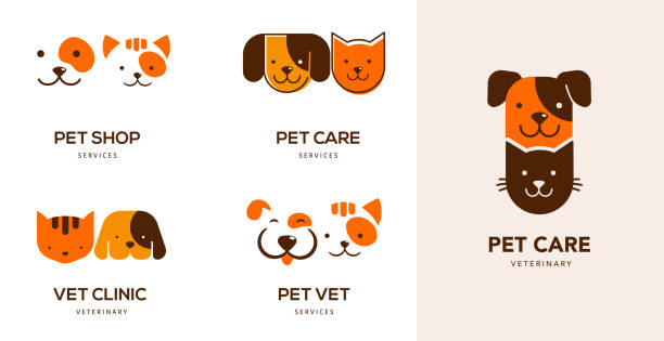 현대적인 스타일의 애완 동물 로고, 아이콘. 개, 고양이 삽화 및 기호 - 강아지 어린 동물 stock illustrations